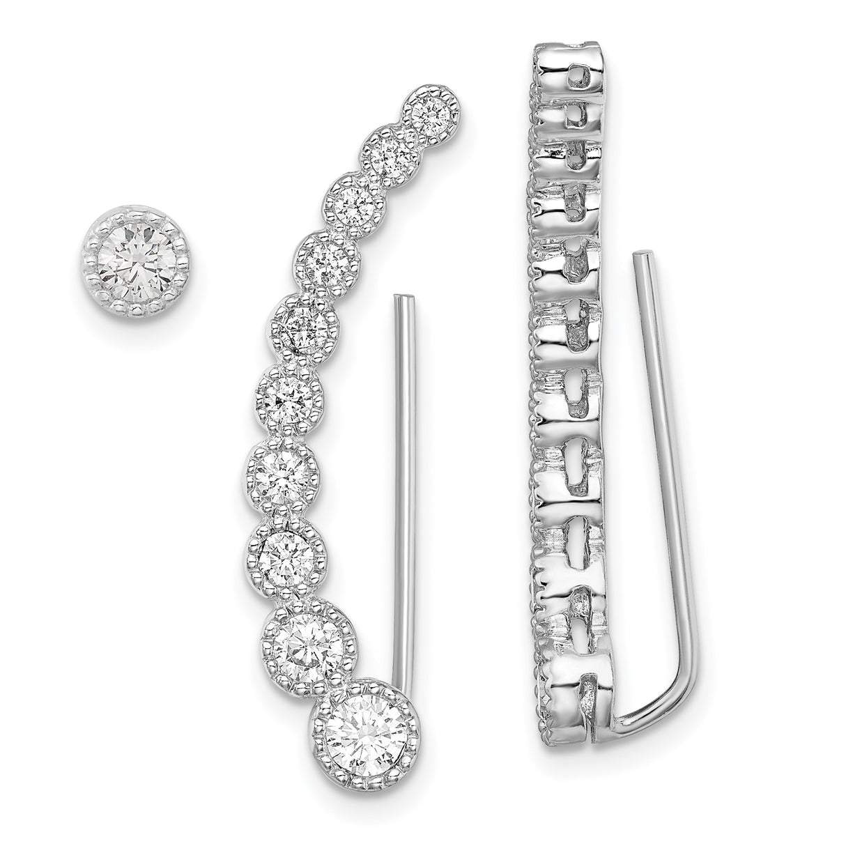 Sterling Silver Ear Climber Earrings with Graduated Cubic Zirconia, Modern Linear Design