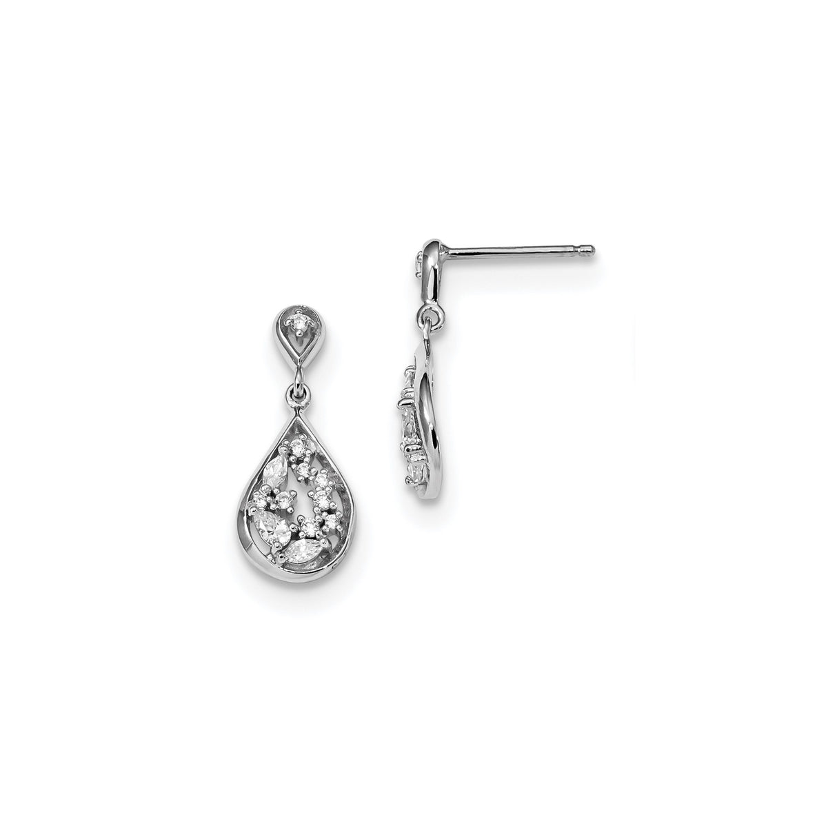 Sterling Silver Teardrop Dangle Earrings with Cubic Zirconia, Floral Design for Women