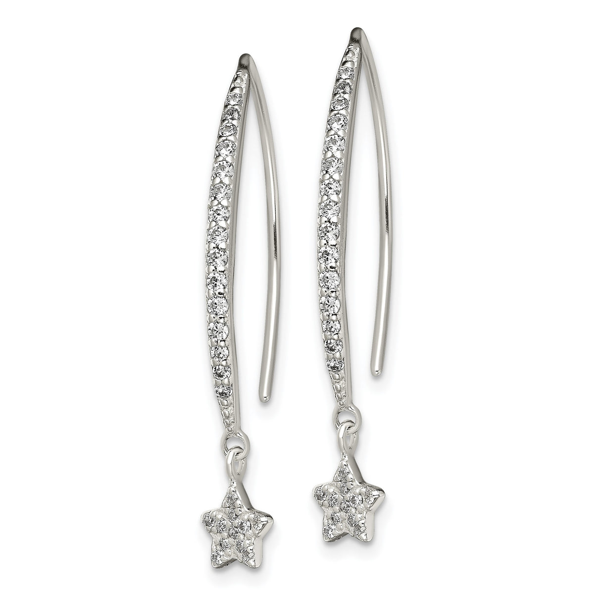 Sterling Silver Star Drop Earrings with Cubic Zirconia, Curved Hook, Celestial Design