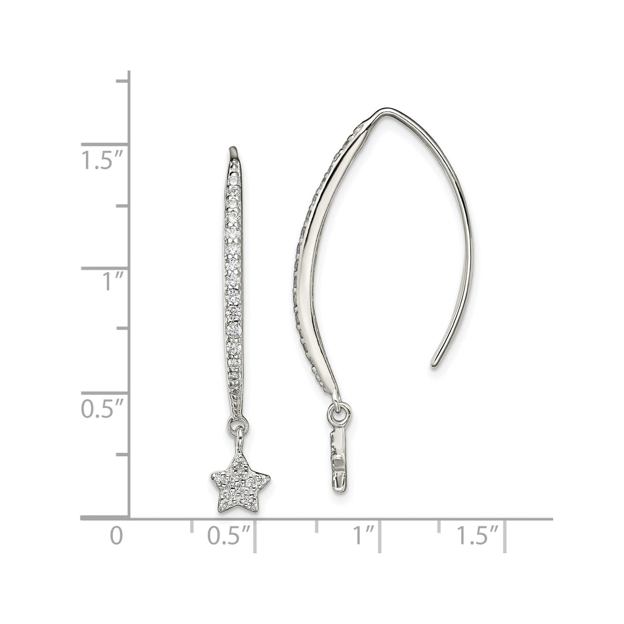 Sterling Silver Star Drop Earrings with Cubic Zirconia, Curved Hook, Celestial Design