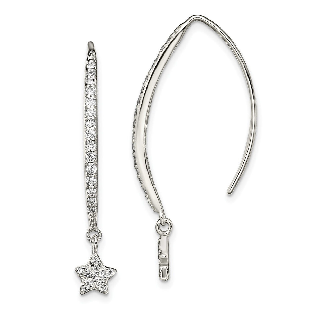 Sterling Silver Star Drop Earrings with Cubic Zirconia, Curved Hook, Celestial Design