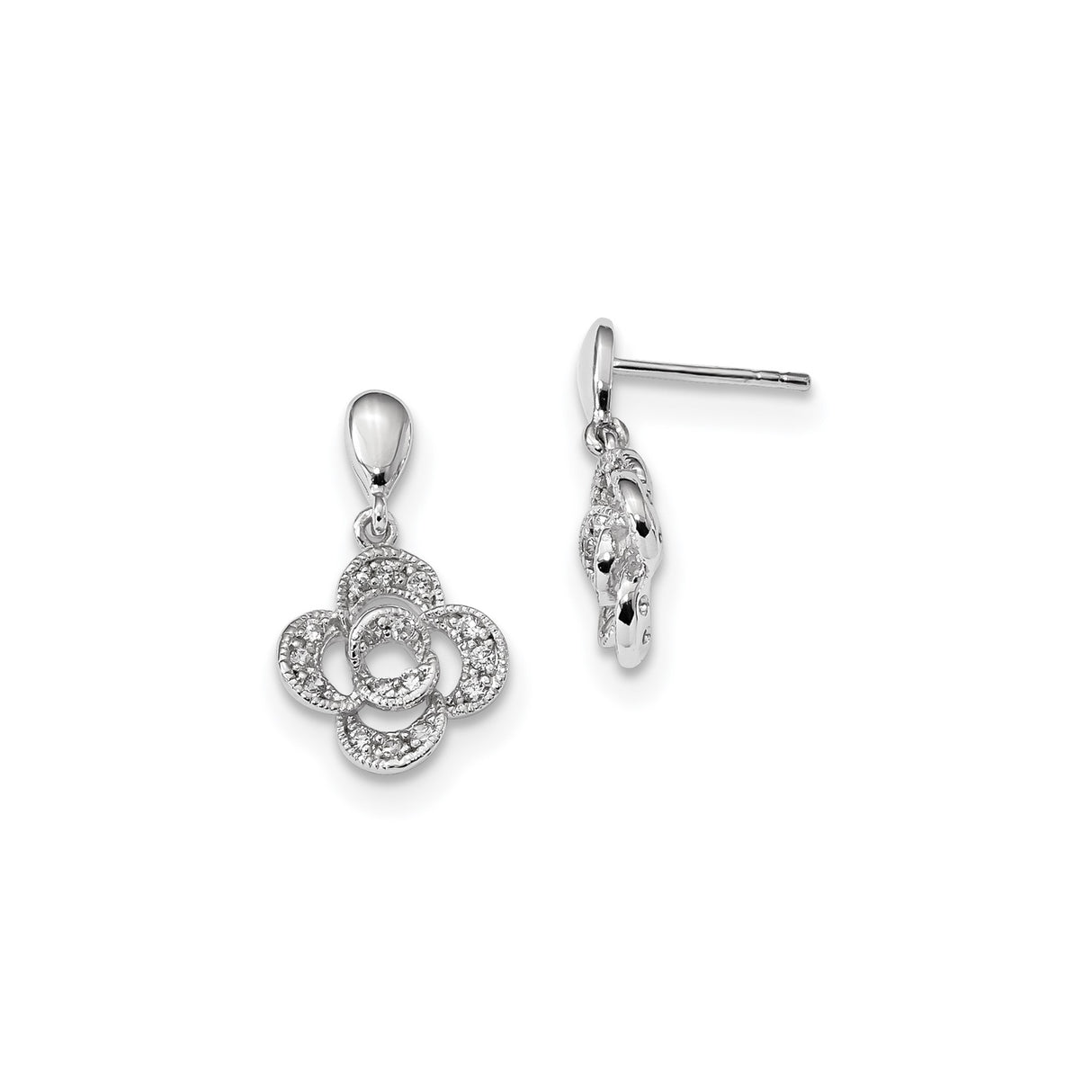 Sterling Silver Dangle Earrings with Cubic Zirconia, Openwork Rose Flower Design