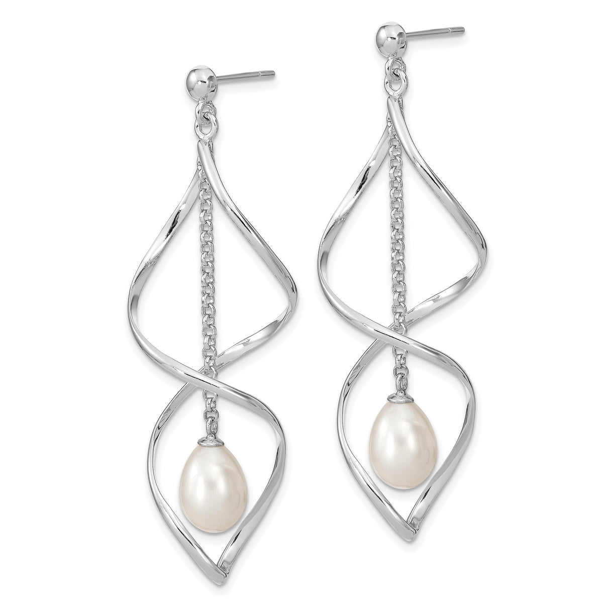 Sterling Silver Teardrop Dangle Earrings with Floating Freshwater Pearls, Twisted Open Curve Design