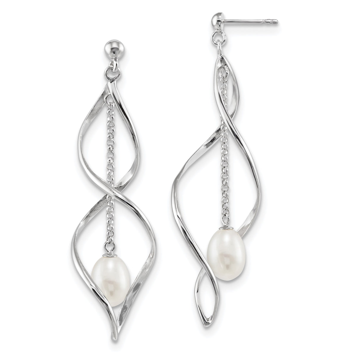 Sterling Silver Teardrop Dangle Earrings with Floating Freshwater Pearls, Twisted Open Curve Design