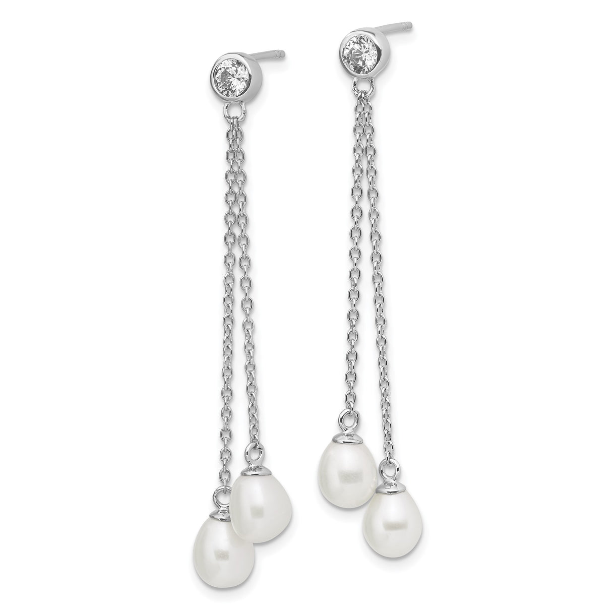 Sterling Silver Dangle Earrings with Freshwater Pearl and Cubic Zirconia, Minimalist Bridal Style