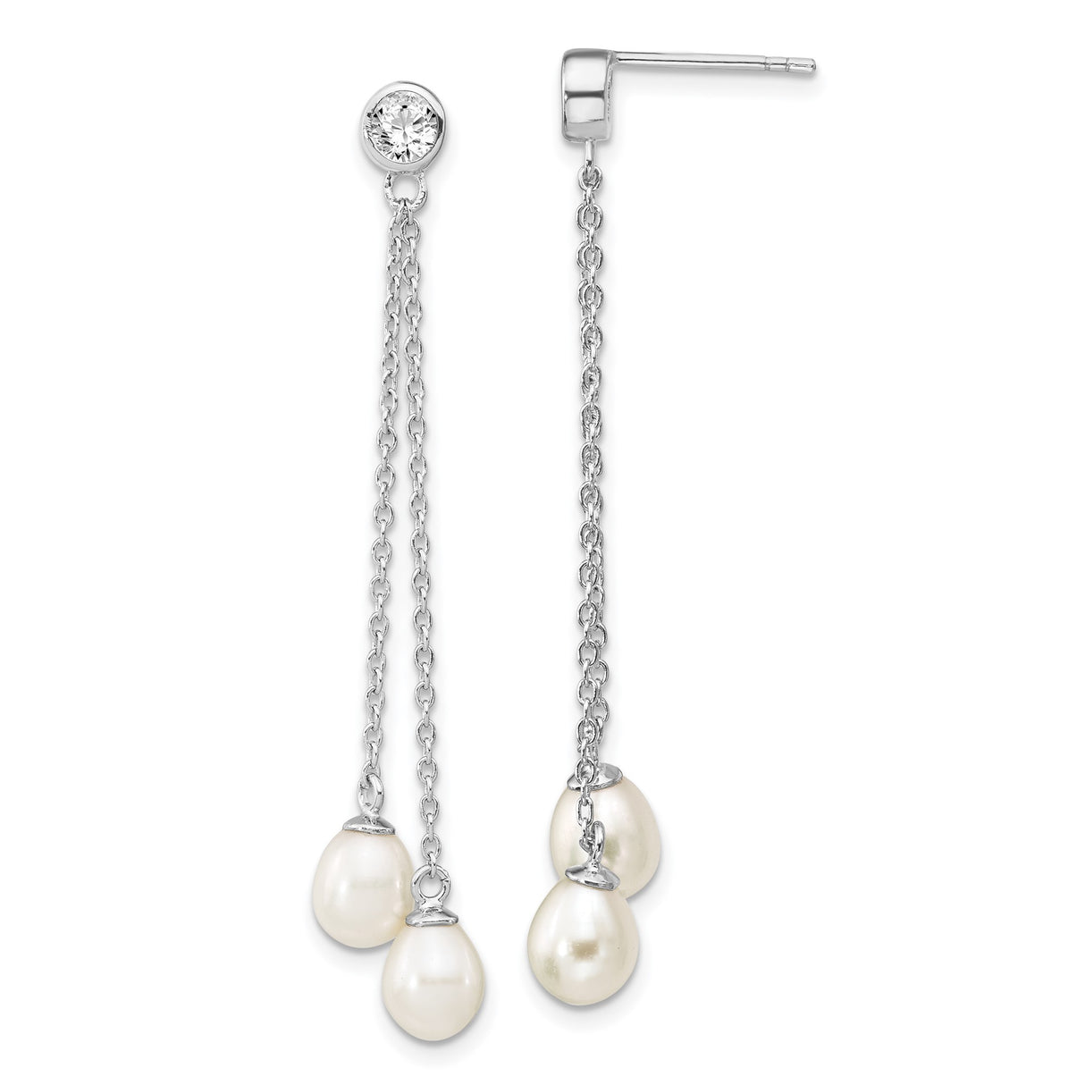 Sterling Silver Dangle Earrings with Freshwater Pearl and Cubic Zirconia, Minimalist Bridal Style