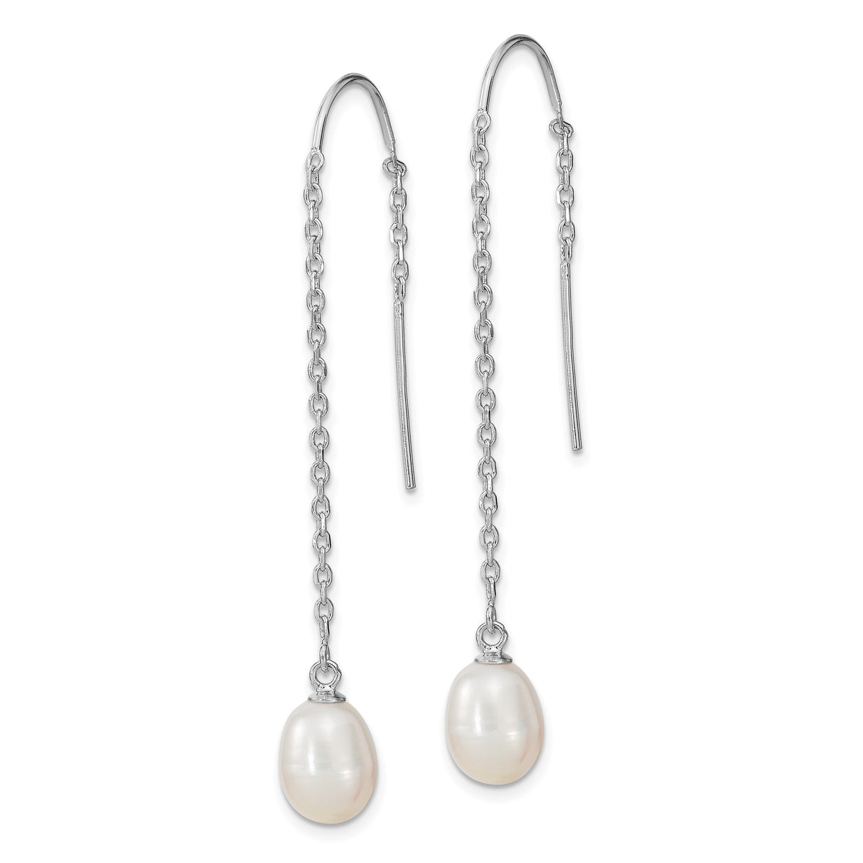 Sterling Silver Threader Earrings with Oval White Freshwater Pearl Drop Design