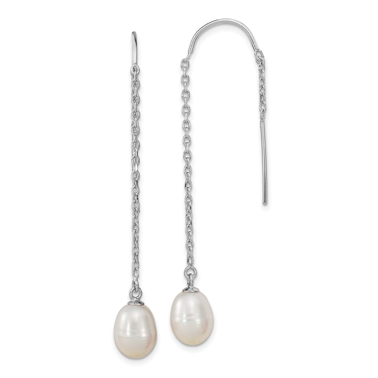 Sterling Silver Threader Earrings with Oval White Freshwater Pearl Drop Design