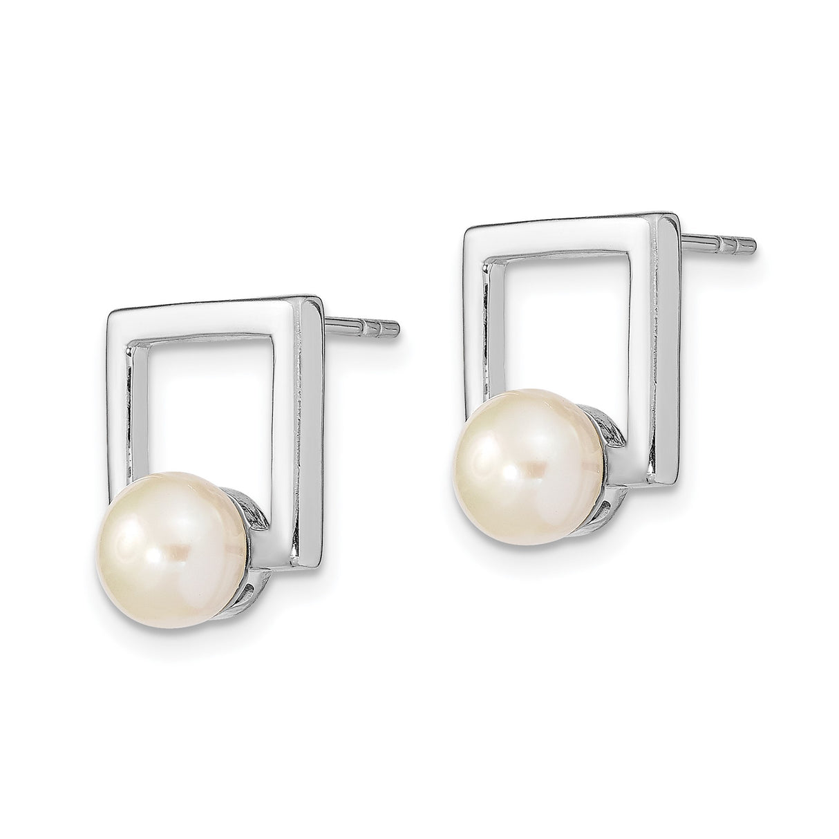 Sterling Silver Stud Earrings with White Freshwater Cultured Pearls, Open Square Design