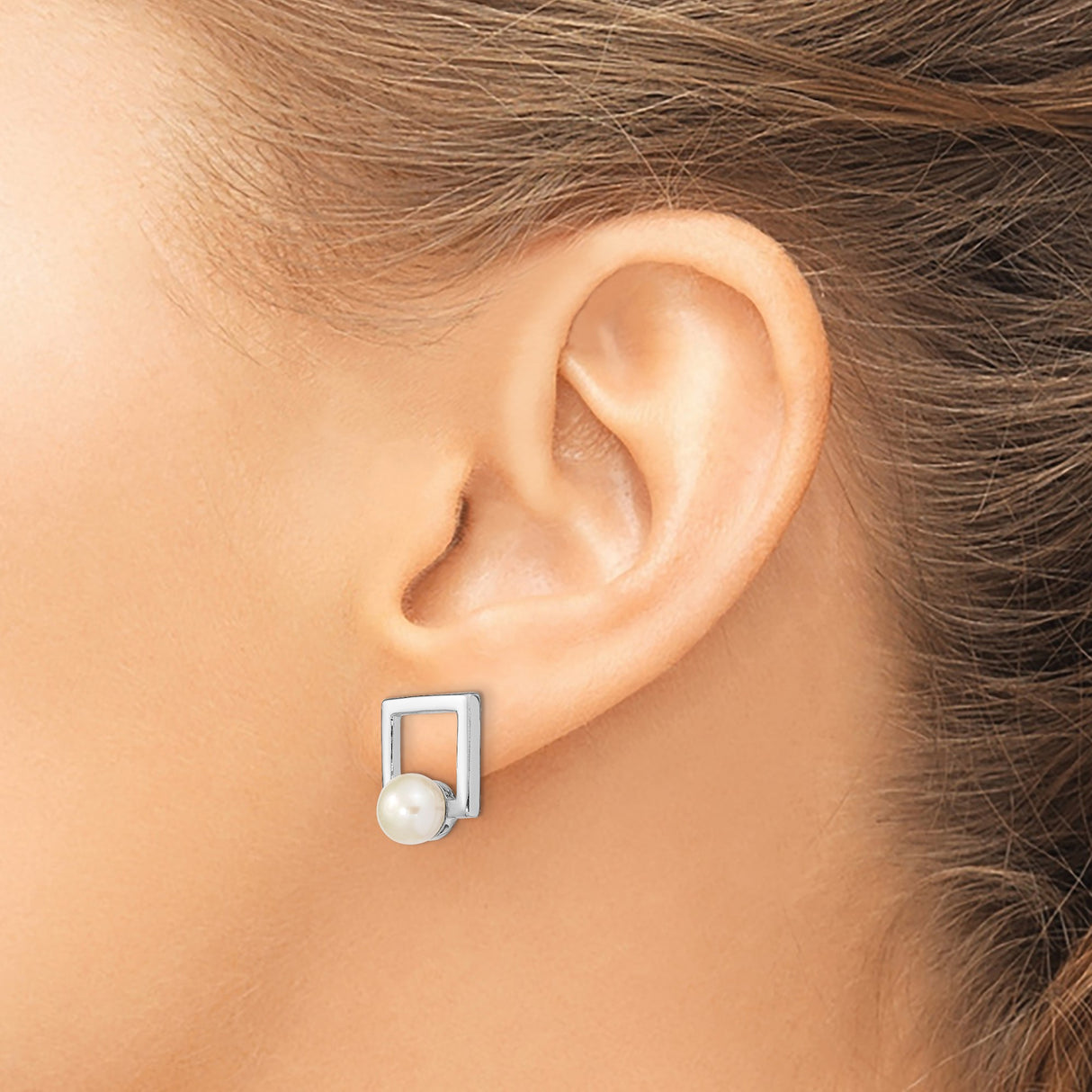 Sterling Silver Stud Earrings with White Freshwater Cultured Pearls, Open Square Design