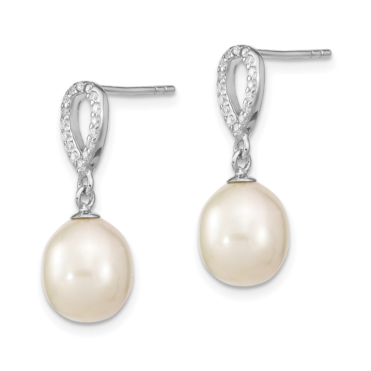 Sterling Silver Drop Earrings with Freshwater Pearl and Cubic Zirconia Teardrops, Bridal Style