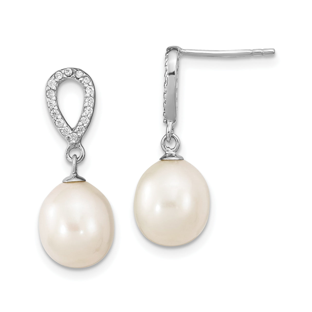 Sterling Silver Drop Earrings with Freshwater Pearl and Cubic Zirconia Teardrops, Bridal Style