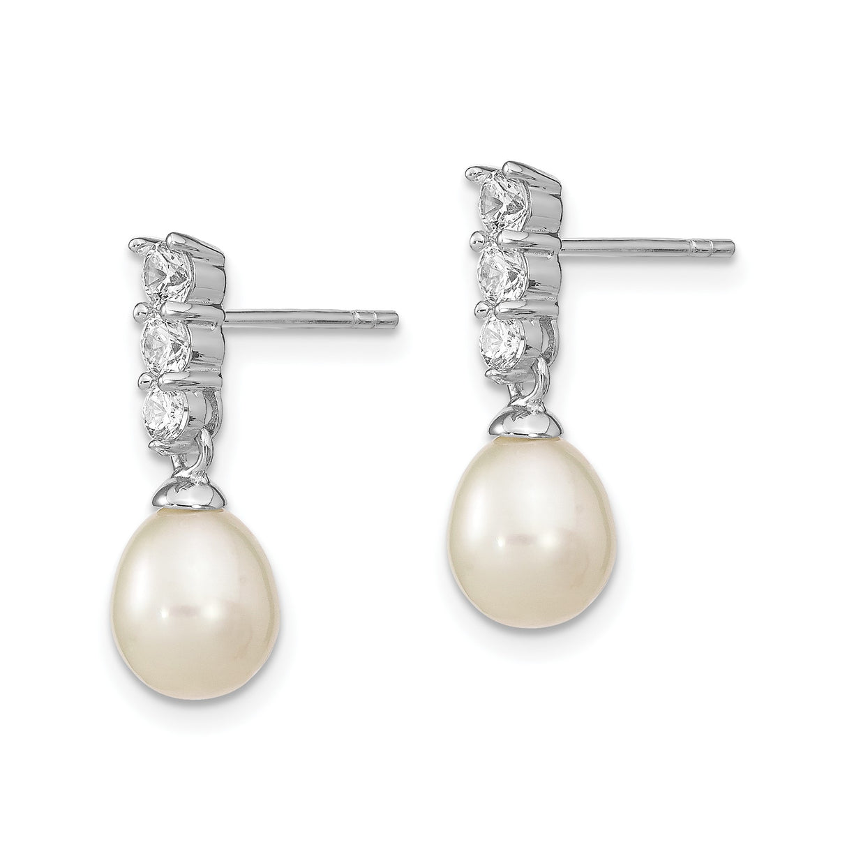 Sterling Silver Drop Earrings with White Freshwater Pearl and Cubic Zirconia Stones, Classic Bridal Jewelry