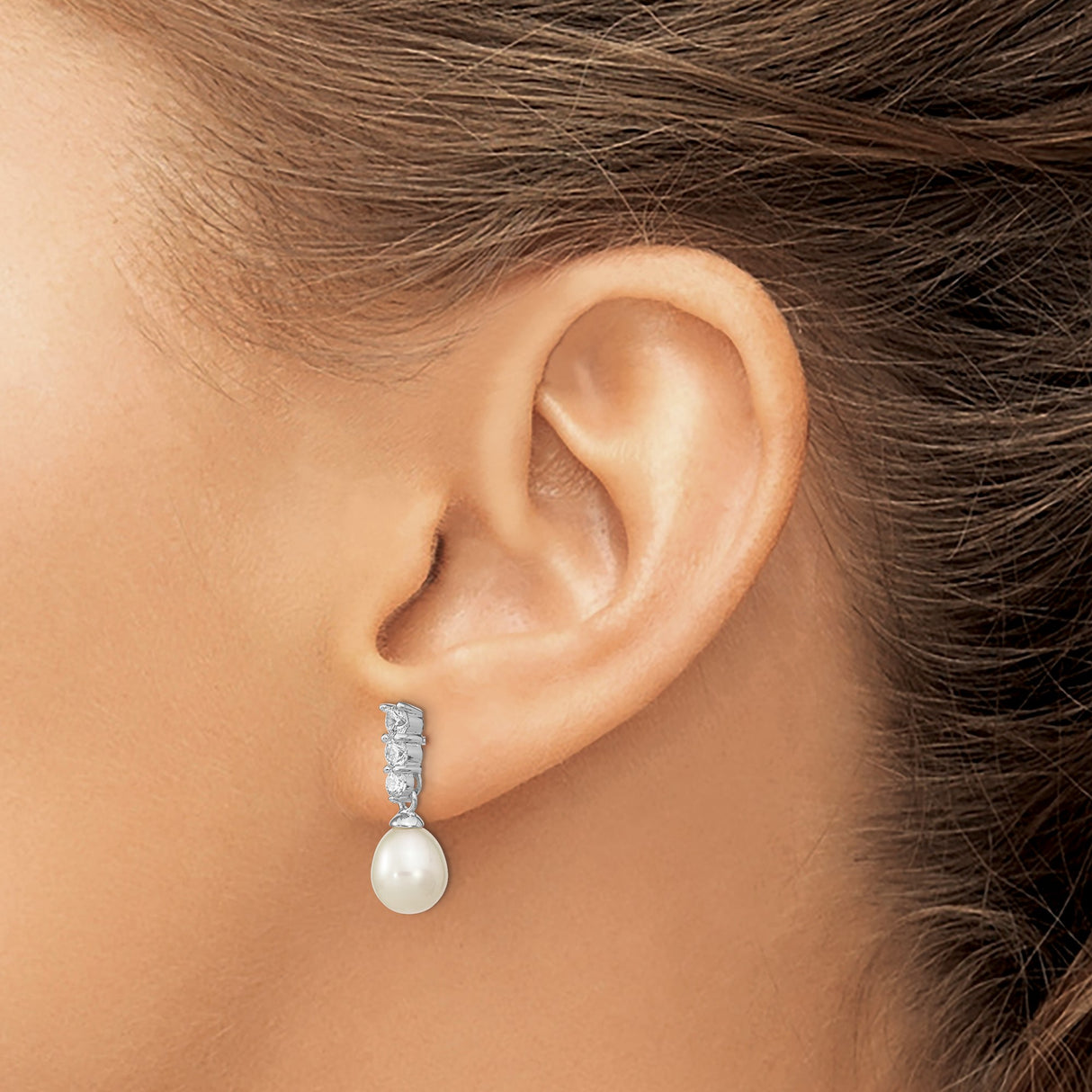 Sterling Silver Drop Earrings with White Freshwater Pearl and Cubic Zirconia Stones, Classic Bridal Jewelry