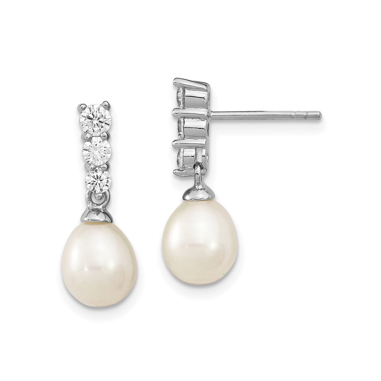 Sterling Silver Drop Earrings with White Freshwater Pearl and Cubic Zirconia Stones, Classic Bridal Jewelry