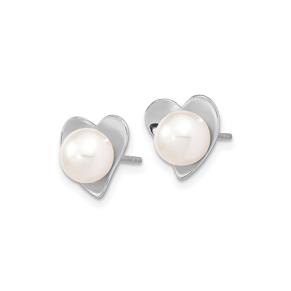 Sterling Silver Stud Earrings with Cultured Pearls, Heart Shaped Settings, Romantic Style