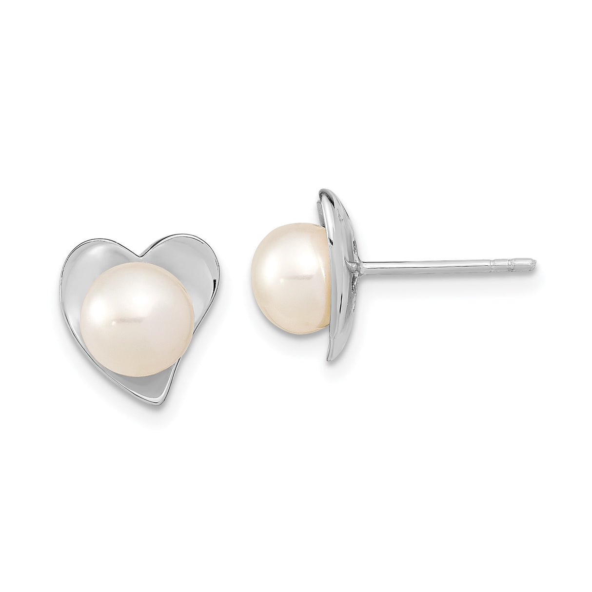 Sterling Silver Stud Earrings with Cultured Pearls, Heart Shaped Settings, Romantic Style