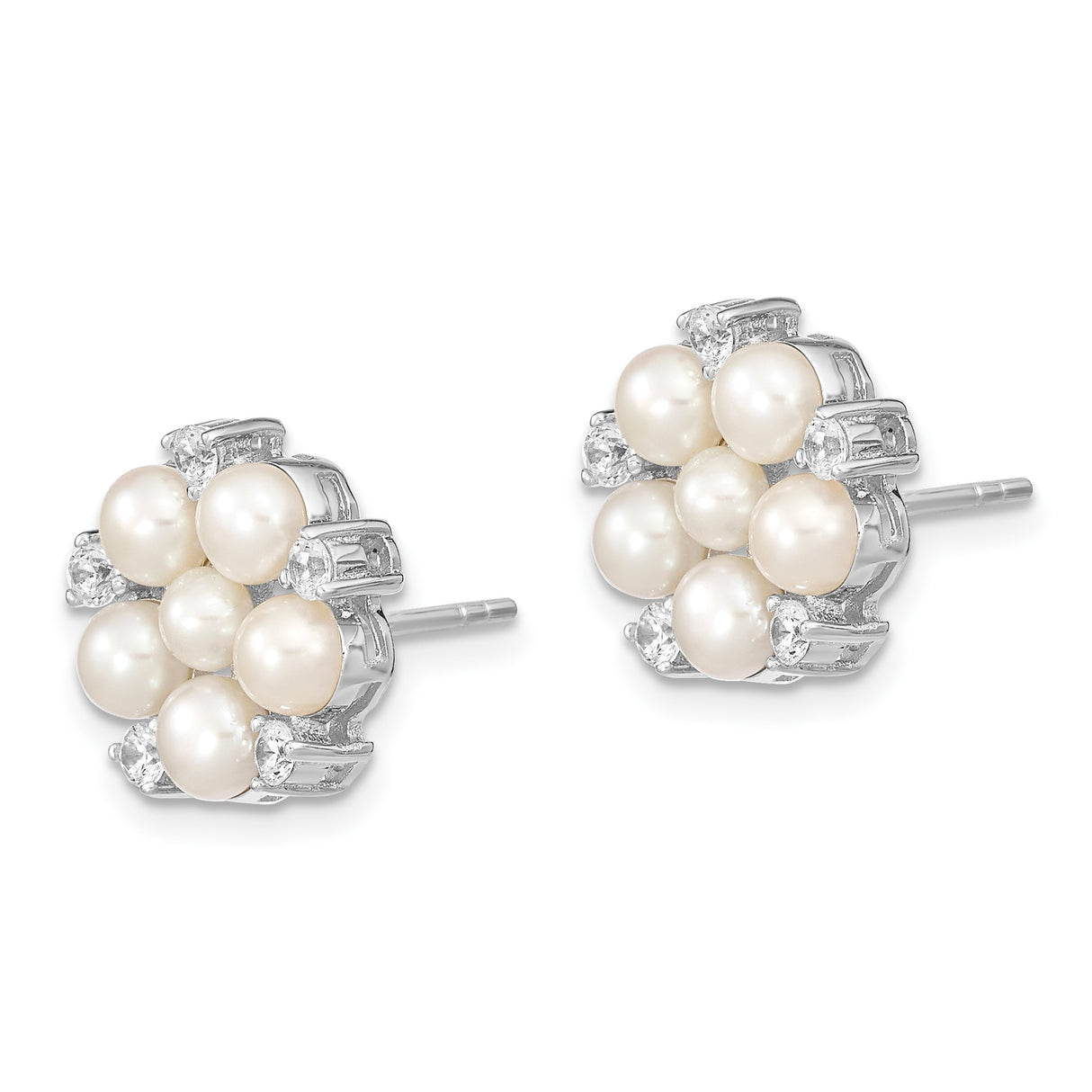 Sterling Silver Floral Cluster Stud Earrings with Round White Pearls and Cubic Zirconia