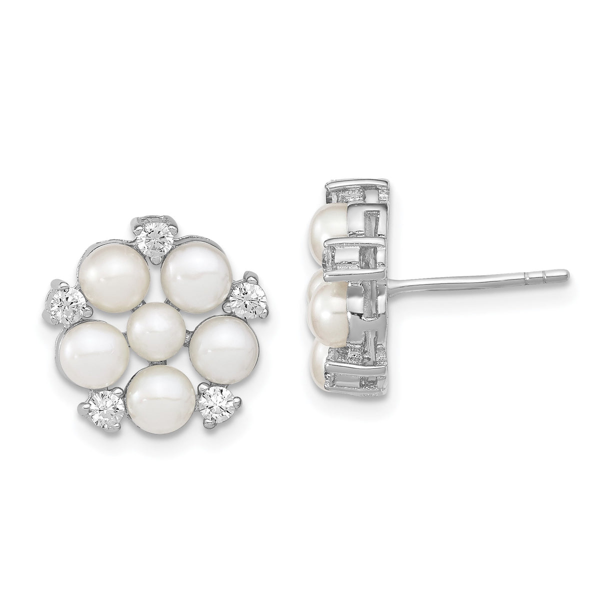 Sterling Silver Floral Cluster Stud Earrings with Round White Pearls and Cubic Zirconia
