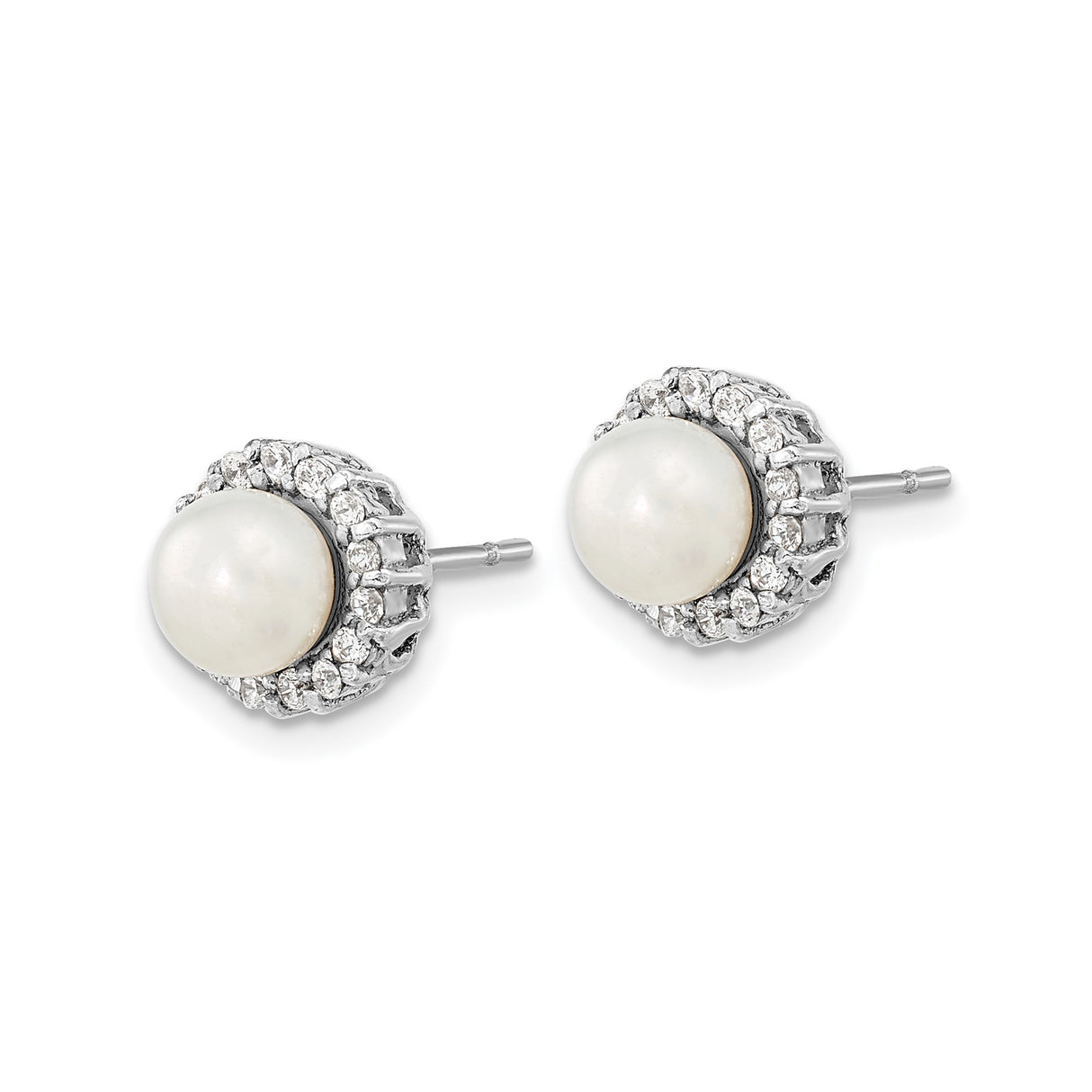 Sterling Silver Pearl Stud Earrings with Cubic Zirconia Halo, Classic Round Design for Women