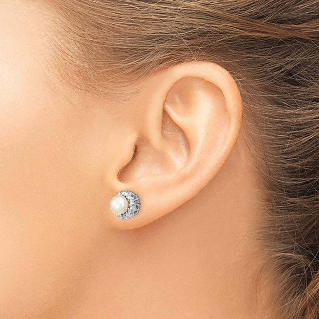 Sterling Silver Pearl Stud Earrings with Cubic Zirconia Halo, Classic Round Design for Women