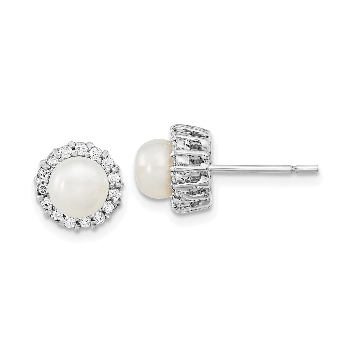Sterling Silver Pearl Stud Earrings with Cubic Zirconia Halo, Classic Round Design for Women