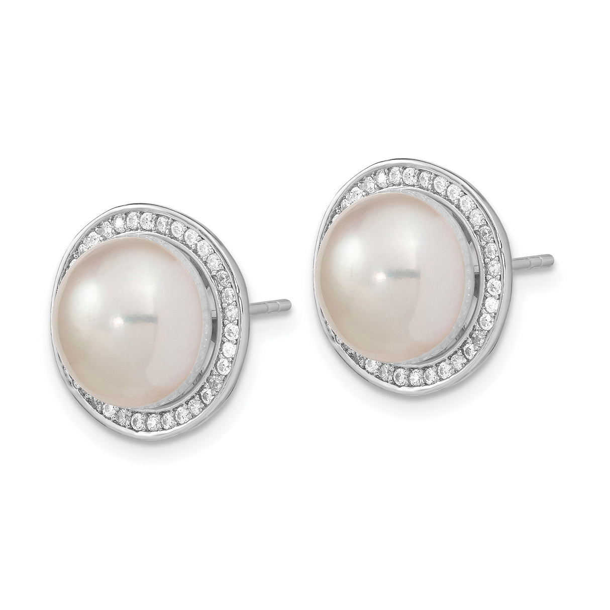 Sterling Silver Stud Earrings with White Freshwater Cultured Pearls and Cubic Zirconia Halo