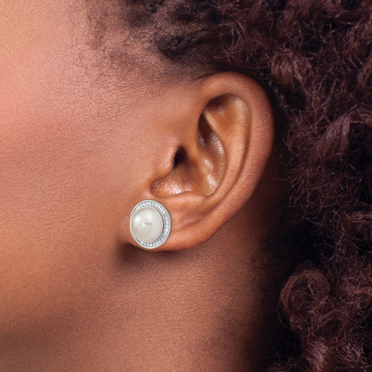 Sterling Silver Stud Earrings with White Freshwater Cultured Pearls and Cubic Zirconia Halo