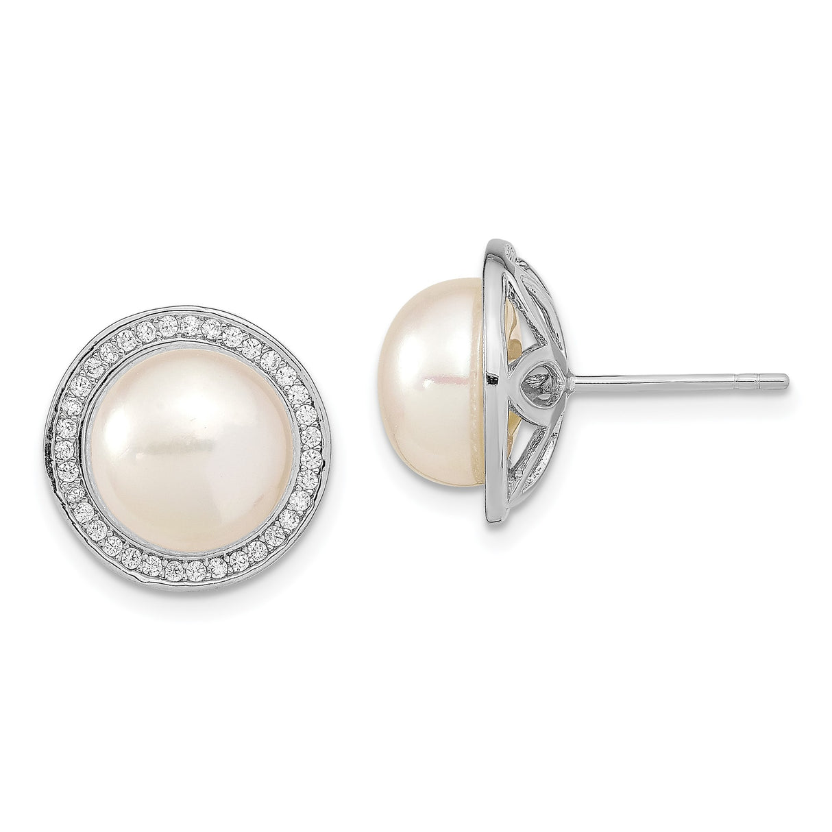 Sterling Silver Stud Earrings with White Freshwater Cultured Pearls and Cubic Zirconia Halo