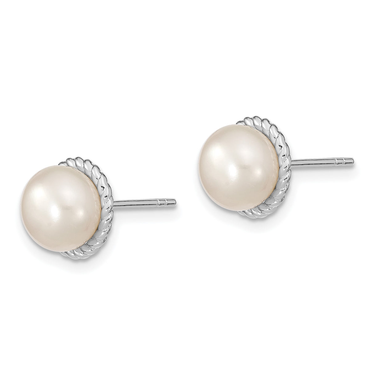 Sterling Silver Stud Earrings with White Cultured Pearls, Rope Bezel Setting, Button Design