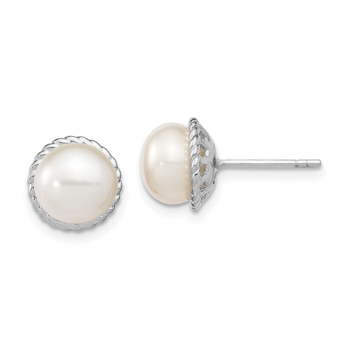 Sterling Silver Stud Earrings with White Cultured Pearls, Rope Bezel Setting, Button Design