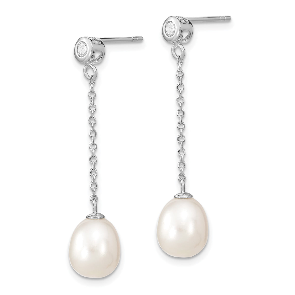 Sterling Silver Drop Earrings with Freshwater Pearls and Cubic Zirconia, Long Dangle Design