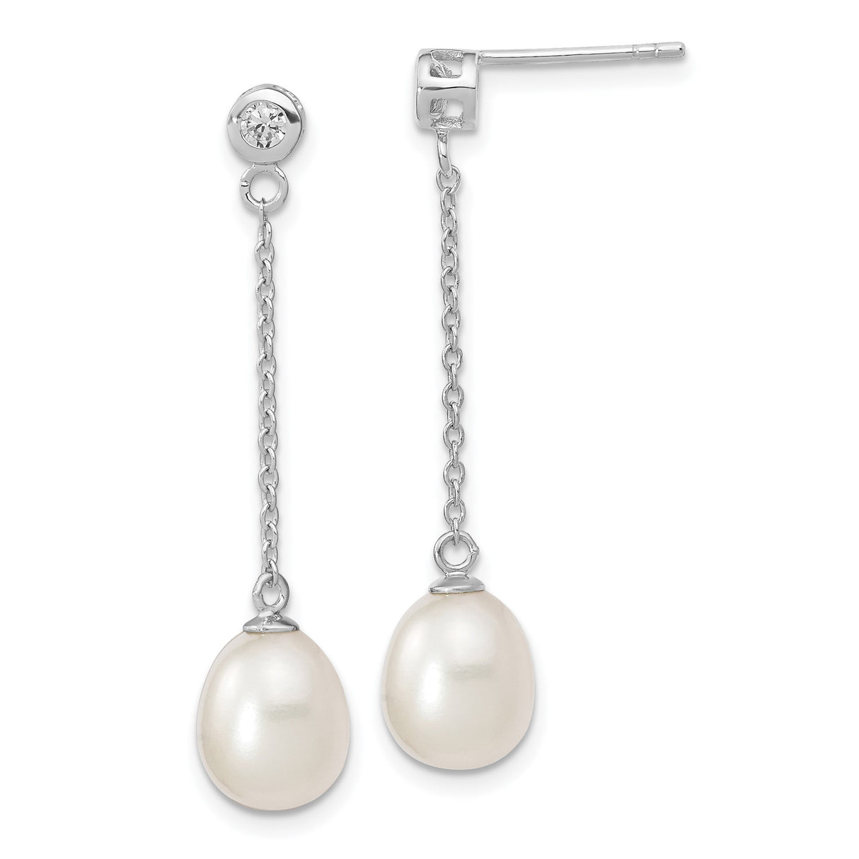 Sterling Silver Drop Earrings with Freshwater Pearls and Cubic Zirconia, Long Dangle Design