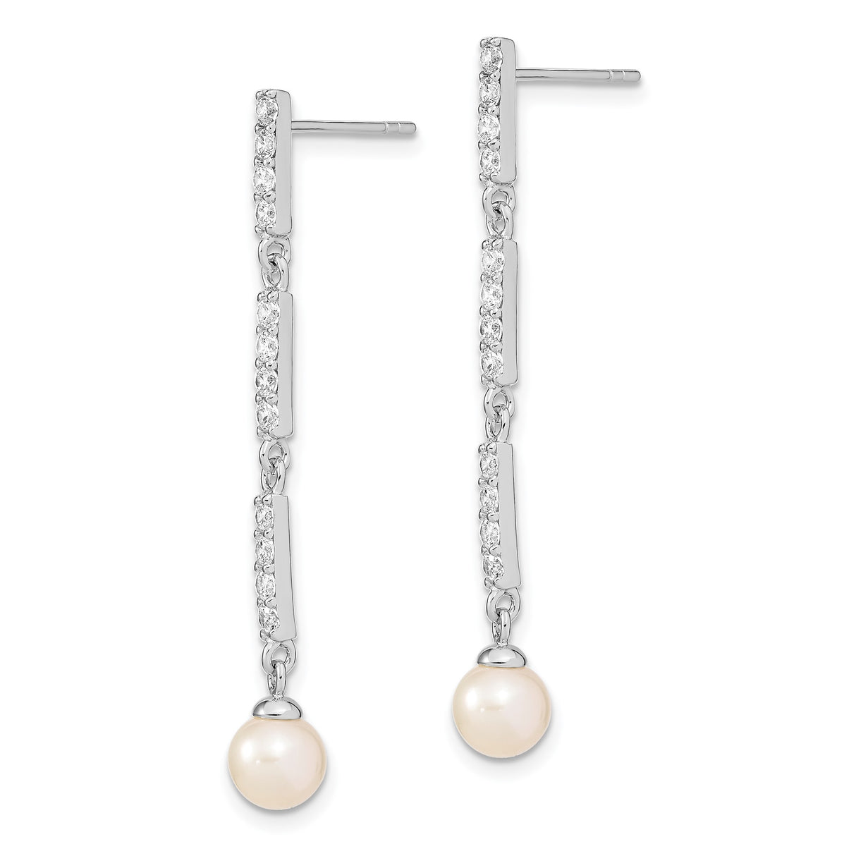 Sterling Silver Linear Drop Earrings with Freshwater Pearl and Cubic Zirconia Accents