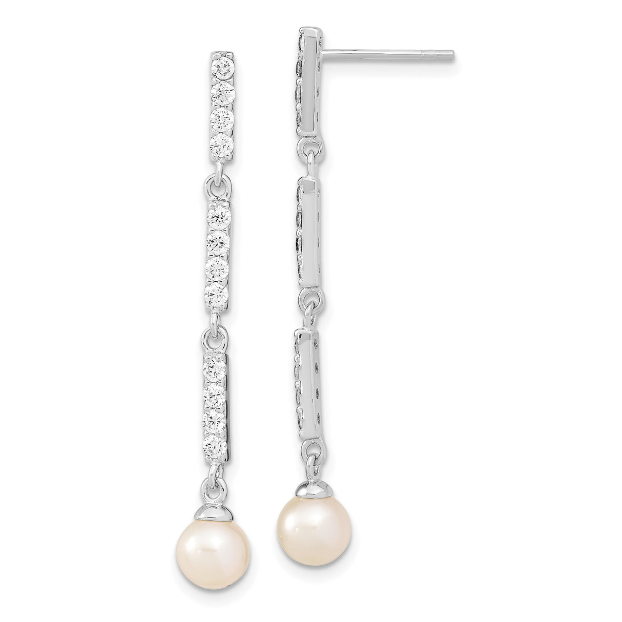 Sterling Silver Linear Drop Earrings with Freshwater Pearl and Cubic Zirconia Accents