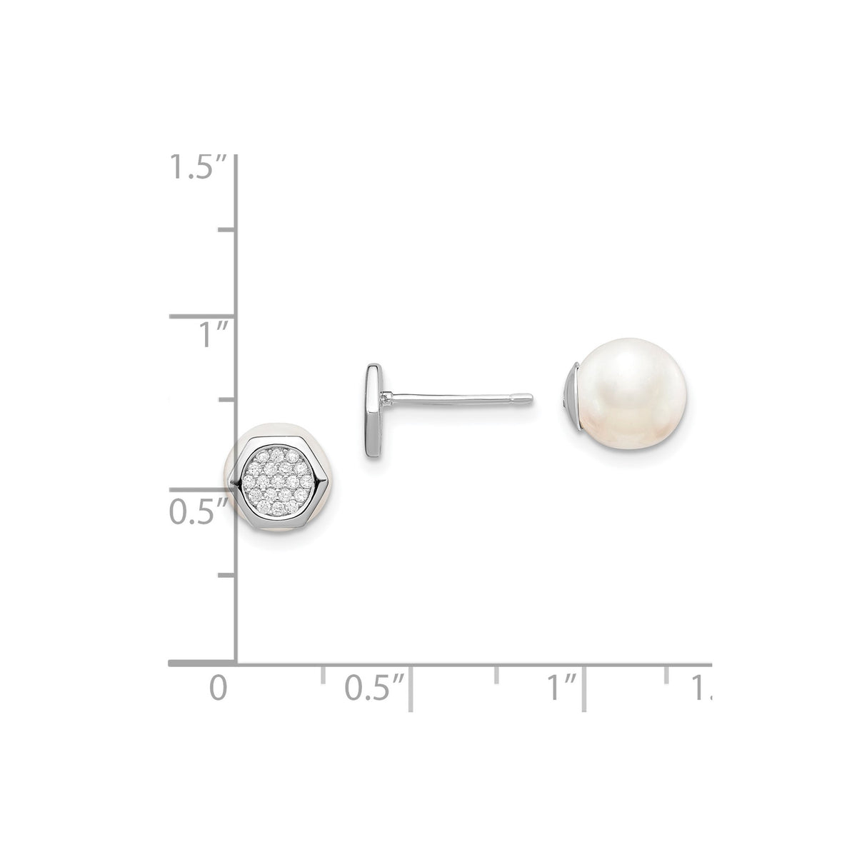 Sterling Silver Pearl Stud Earrings with Hexagon Cubic Zirconia Cluster, Reversible Bridal Style