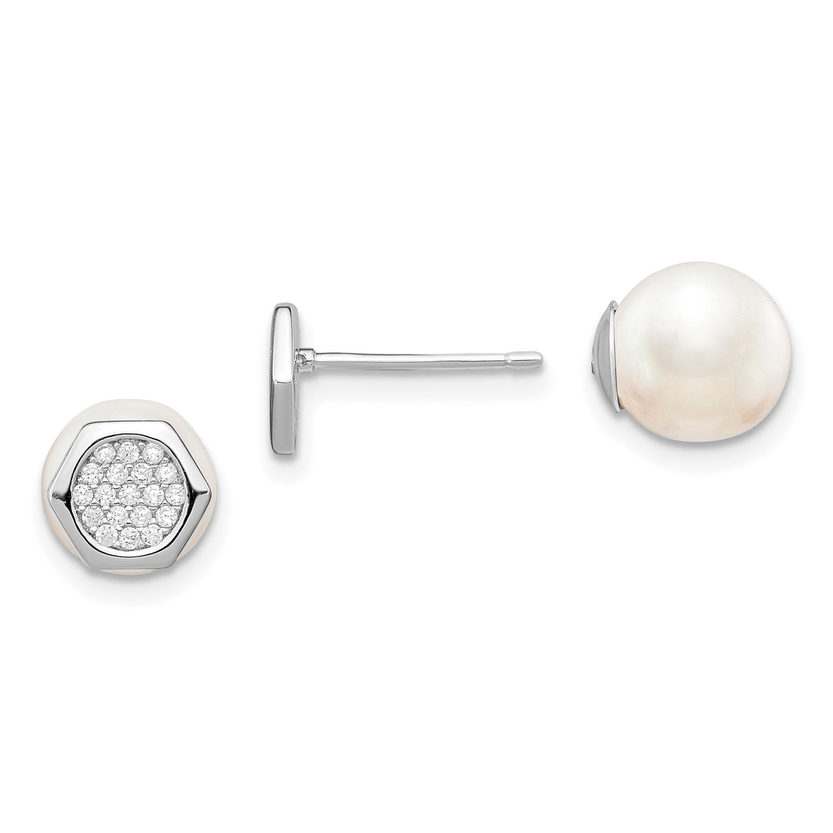 Sterling Silver Pearl Stud Earrings with Hexagon Cubic Zirconia Cluster, Reversible Bridal Style