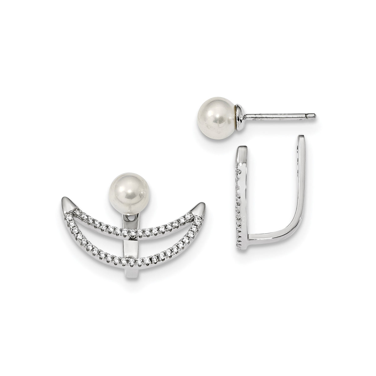 Sterling Silver Earrings with Pearl Front Back Design and Cubic Zirconia Studs