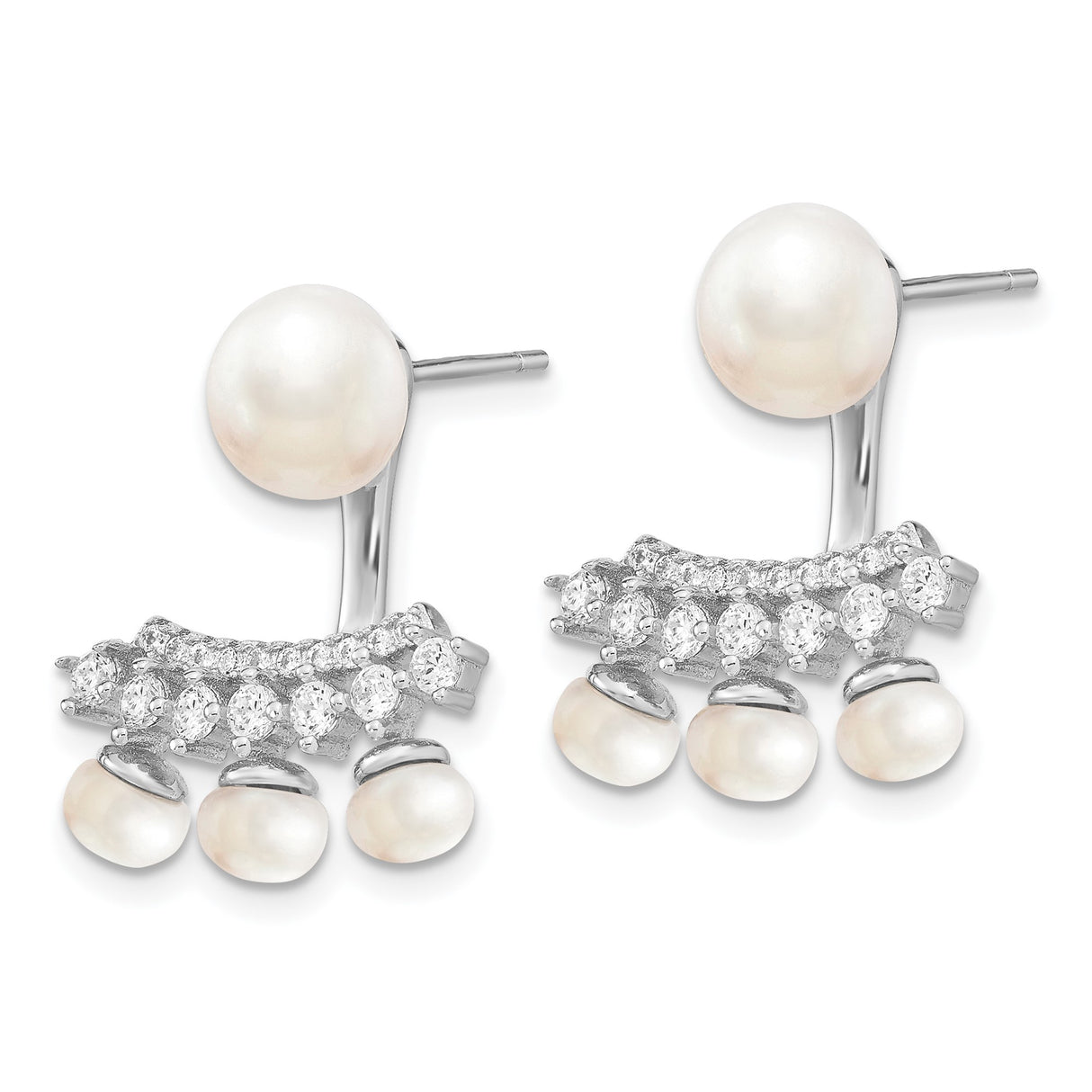 Sterling Silver Ear Jackets with Pearl Studs and Cubic Zirconia Accents for Women