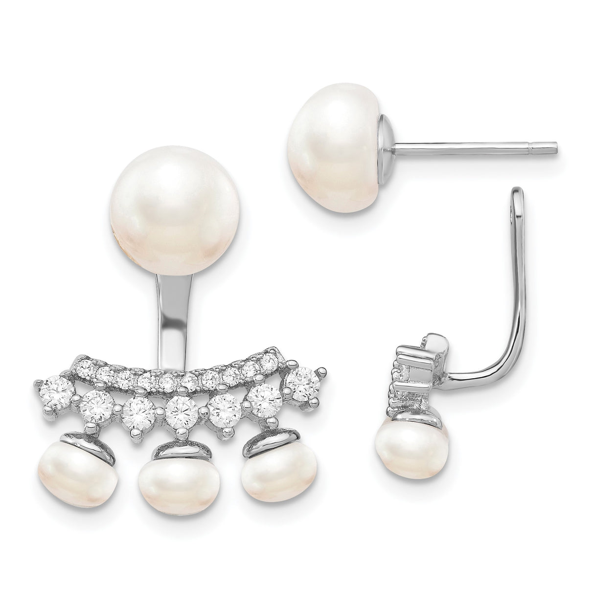 Sterling Silver Ear Jackets with Pearl Studs and Cubic Zirconia Accents for Women