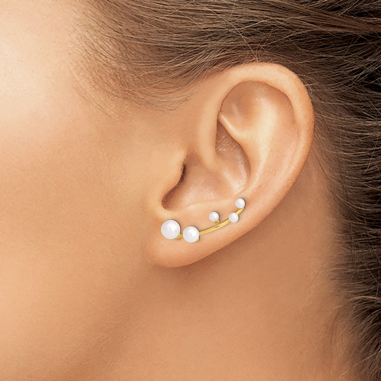 Sterling Silver Ear Climbers with Graduated Faux Pearls, Curved Modern Earrings for Women