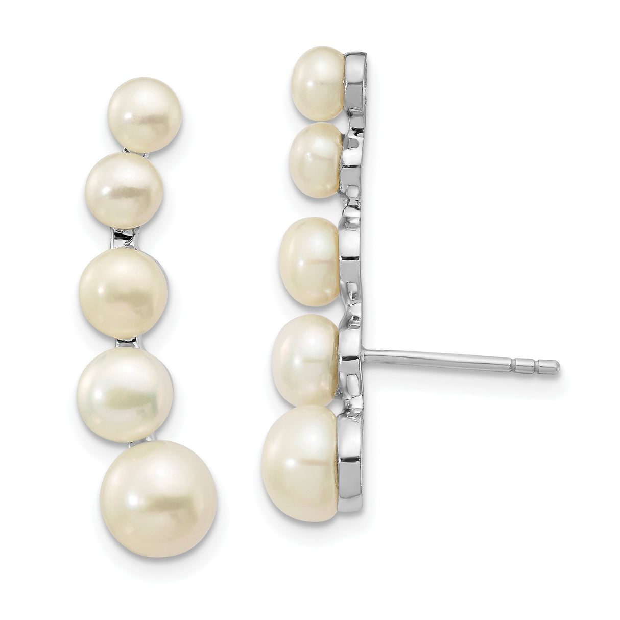 Sterling Silver Climber Earrings with Freshwater Cultured Pearls, Minimalist Linear Design