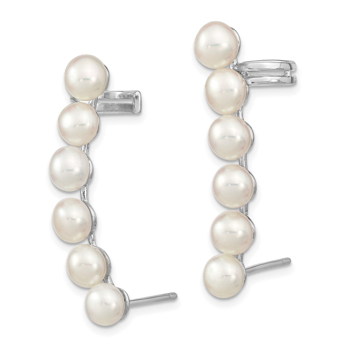 Sterling Silver Ear Climbers with Vertical Row of White Freshwater Cultured Pearls for Women