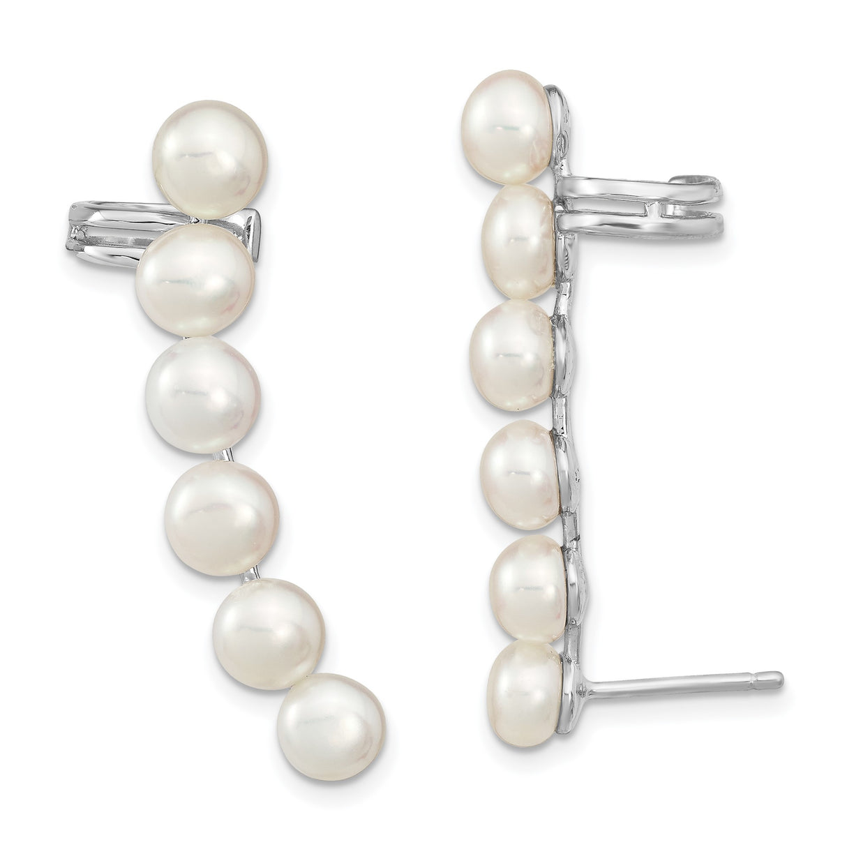 Sterling Silver Ear Climbers with Vertical Row of White Freshwater Cultured Pearls for Women