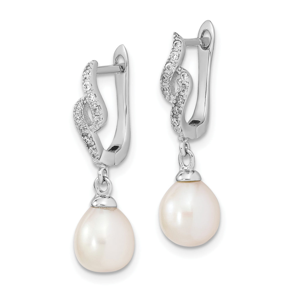 Sterling Silver Drop Earrings with Teardrop Freshwater Pearls and Cubic Zirconia, Twisted Design