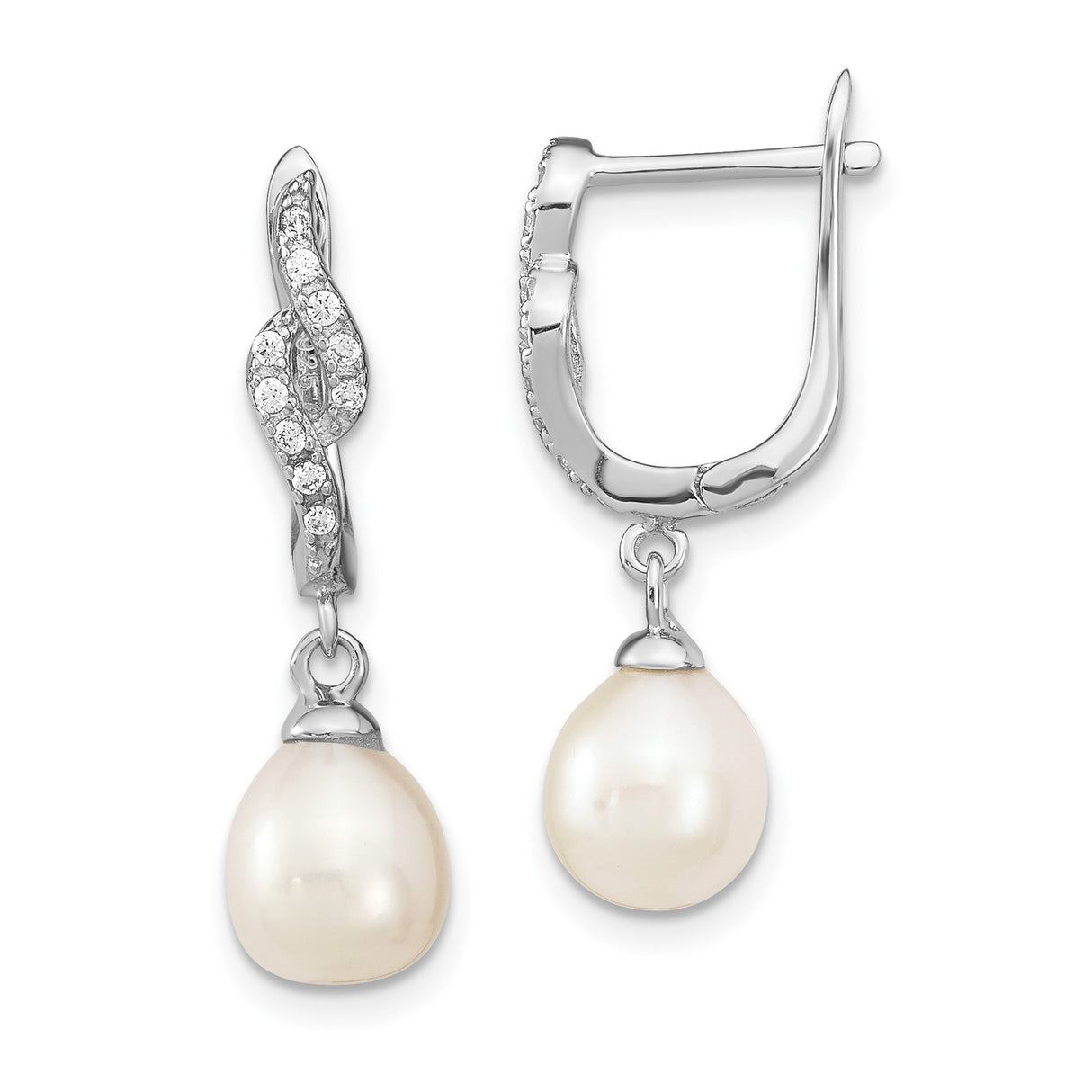 Sterling Silver Drop Earrings with Teardrop Freshwater Pearls and Cubic Zirconia, Twisted Design