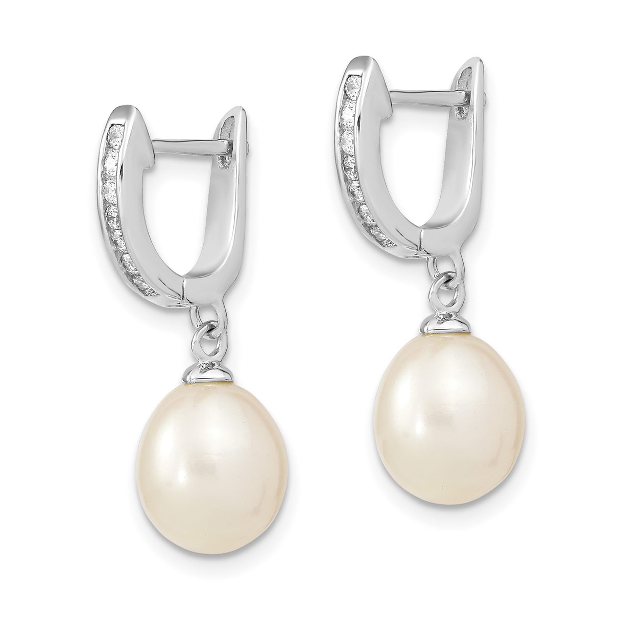 Sterling Silver Dangle Hoop Earrings with White Freshwater Cultured Pearl and Cubic Zirconia