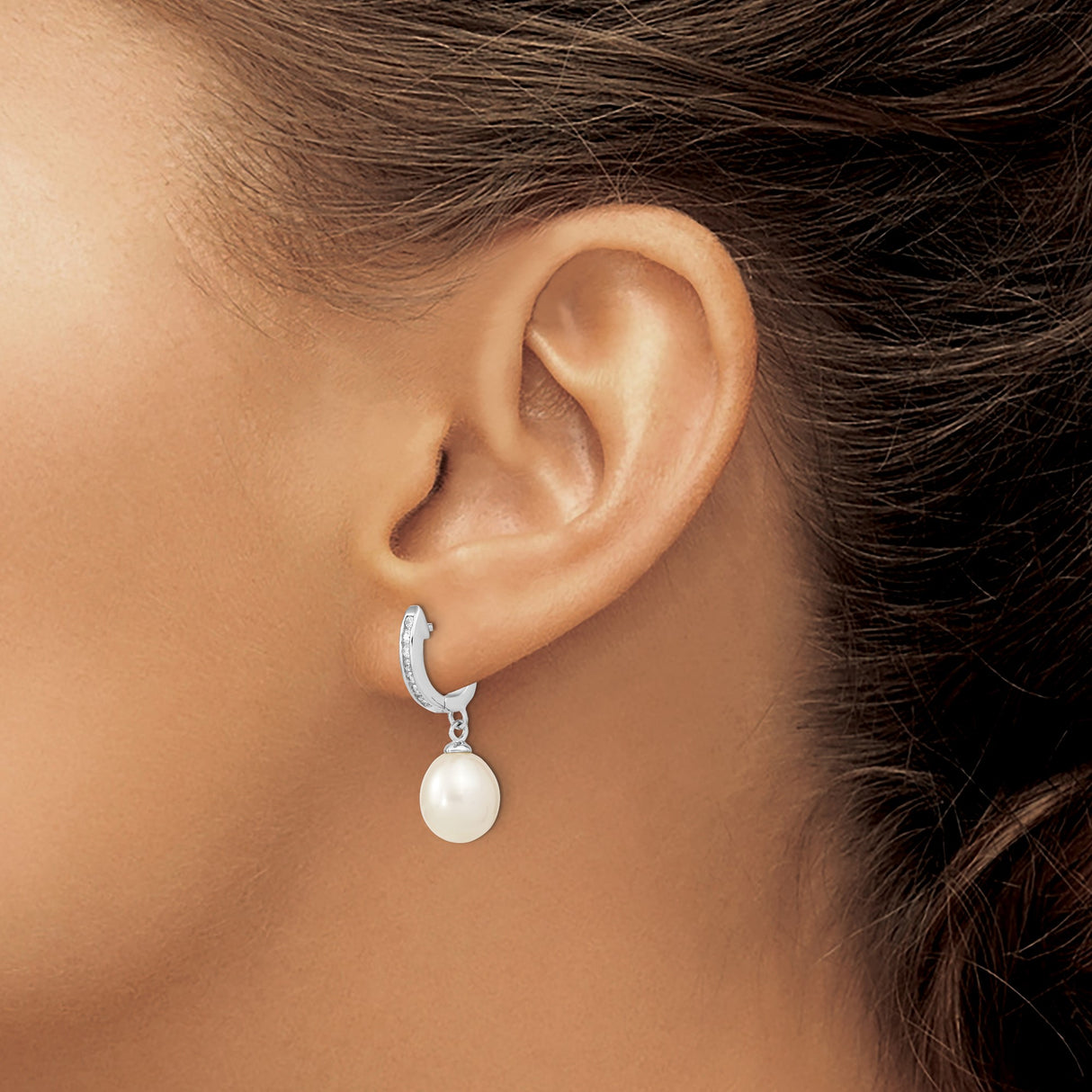 Sterling Silver Dangle Hoop Earrings with White Freshwater Cultured Pearl and Cubic Zirconia