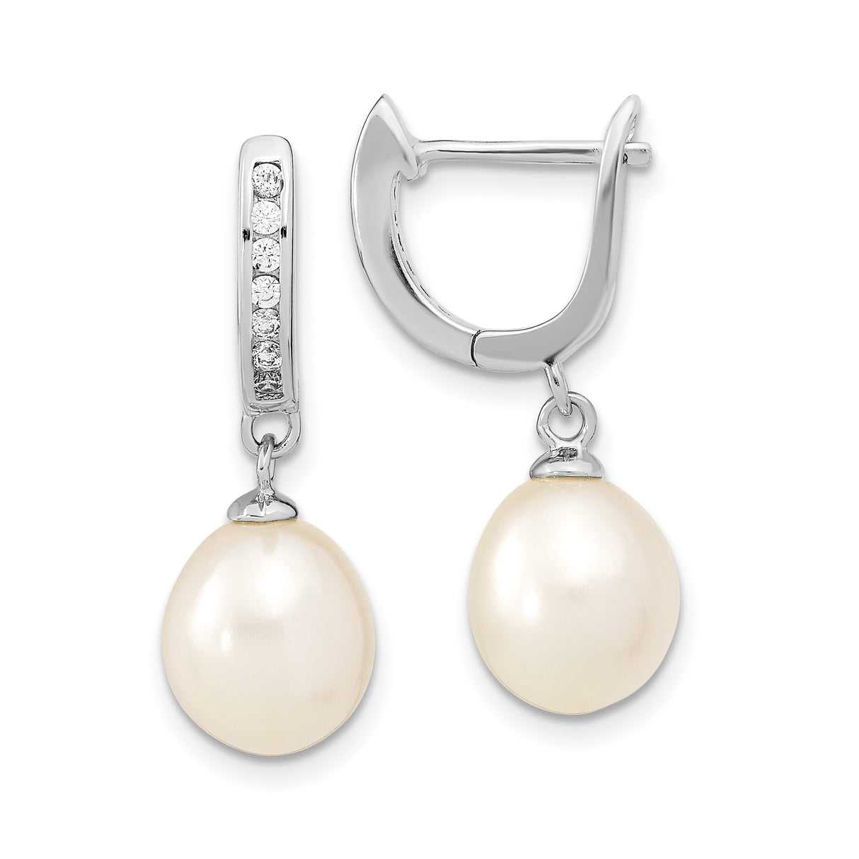 Sterling Silver Dangle Hoop Earrings with White Freshwater Cultured Pearl and Cubic Zirconia