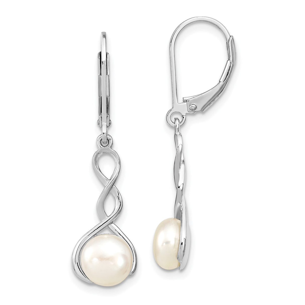 Sterling Silver Drop Earrings with Cultured Pearl, Infinity Design, Leverback Style